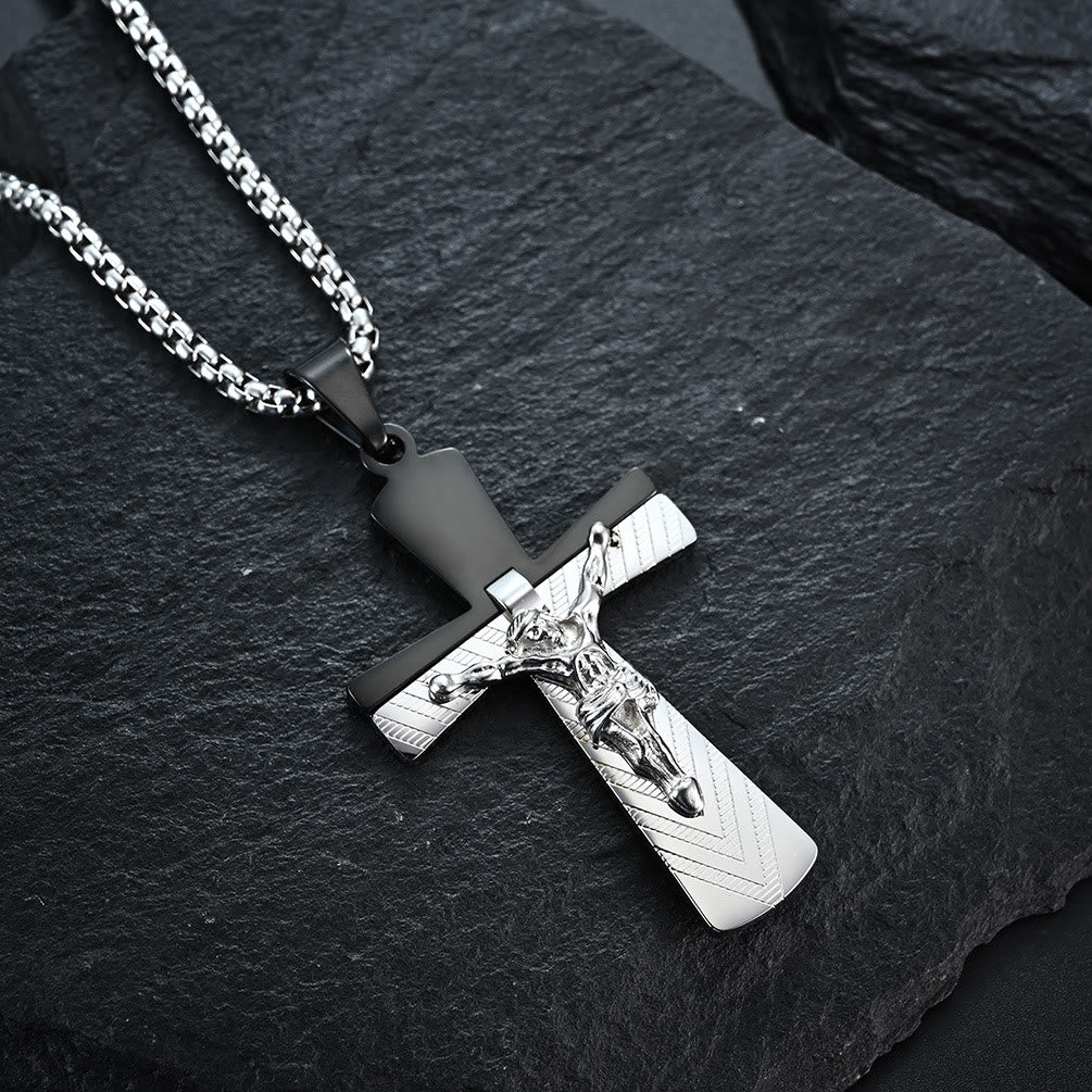 Christianartworkshop Modern Style Crucifix Cross Jesus Sacred Faith Stainless Steel Necklace - Silver&Black - image 4