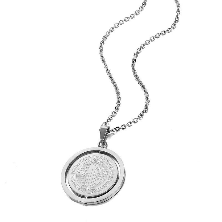 Christianartworkshop Classic Style Dual-Sided Rotatable St. Benedict Medal Pendant Necklace - Silver - image 4