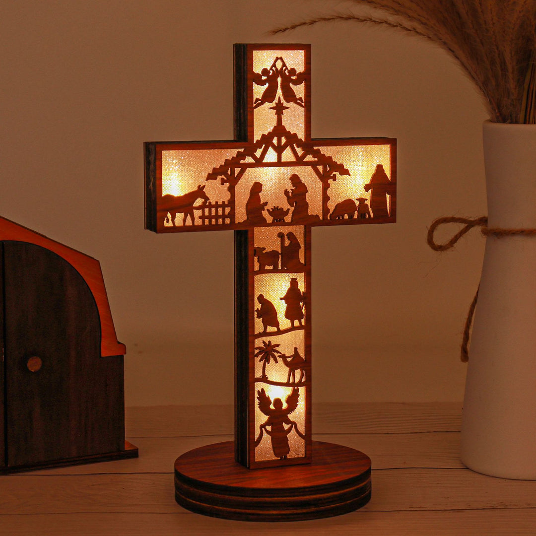 Christianartworkshop Classic Style Angels Nativity Scene Cross Light Up Wooden Desktop Decorations Ornament - Nativity Scene - image 1