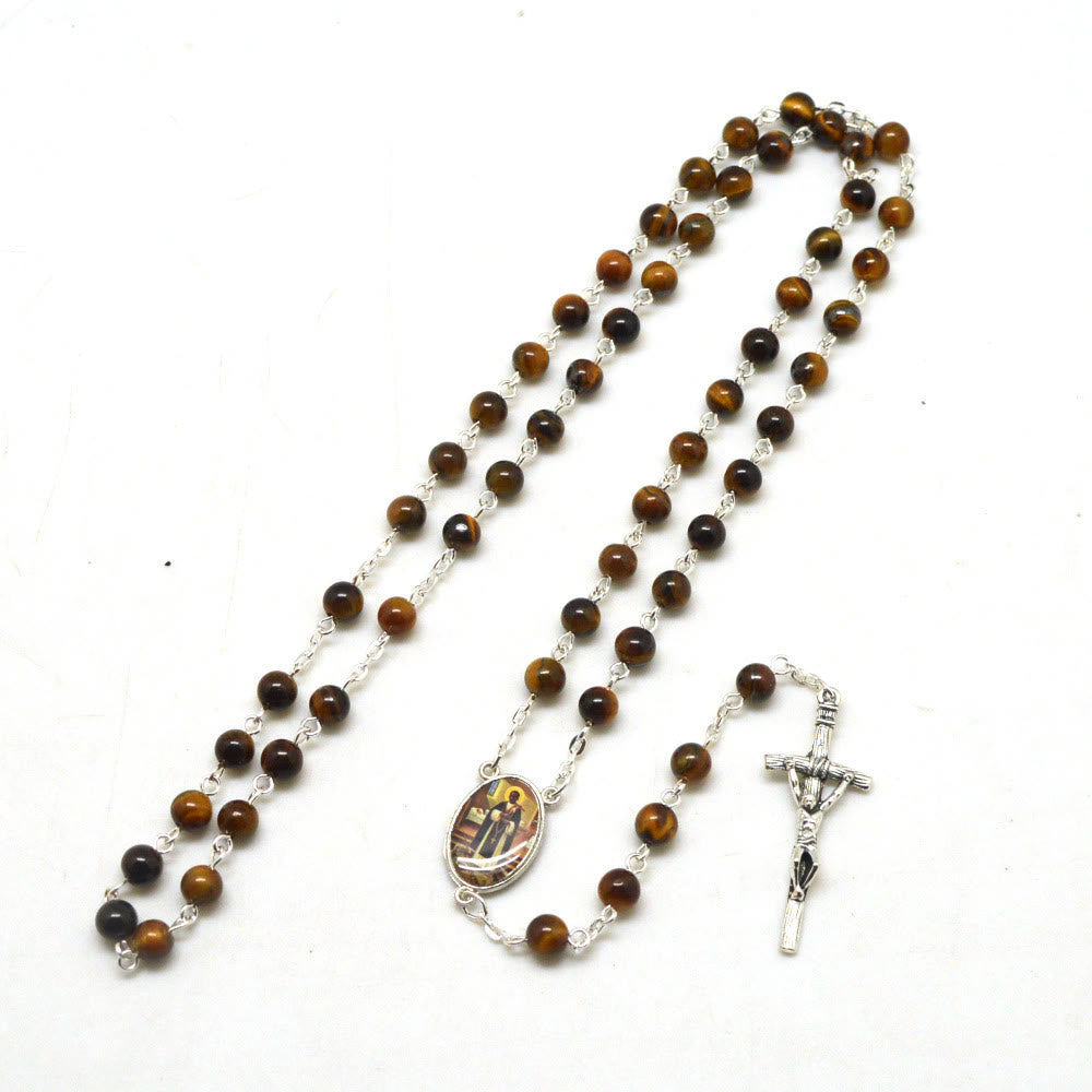 Christianartworkshop San Martin & Crucifix of 6 mm Round Brown Tiger Eye Stone Alloy Chain Rosary - San Martin & Crucifix - image 1
