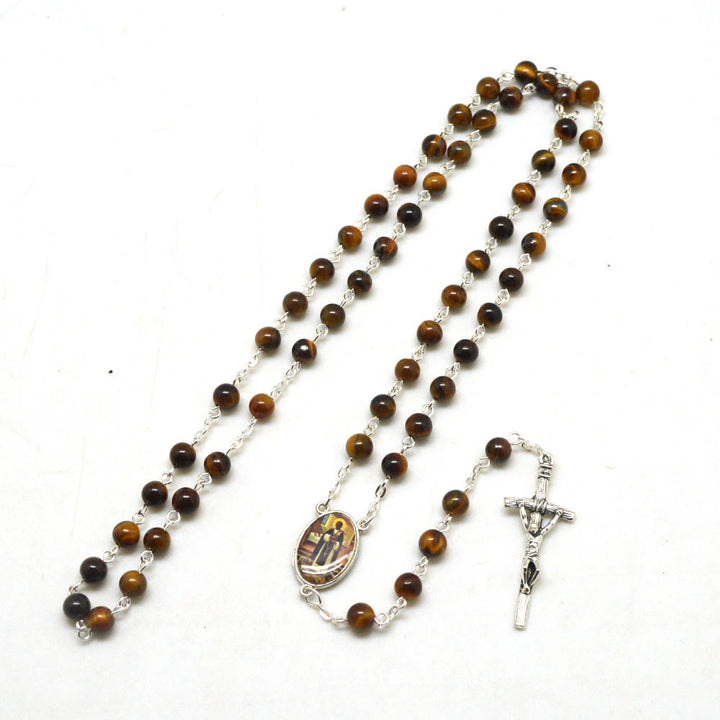 Christianartworkshop San Martin & Crucifix of 6 mm Round Brown Tiger Eye Stone Alloy Chain Rosary - San Martin & Crucifix - image 1