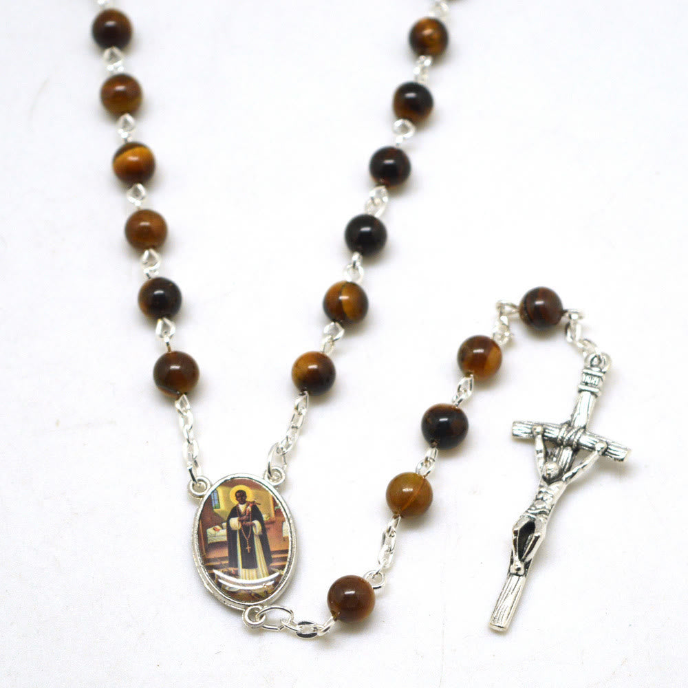 Christianartworkshop San Martin & Crucifix of 6 mm Round Brown Tiger Eye Stone Alloy Chain Rosary - image 2
