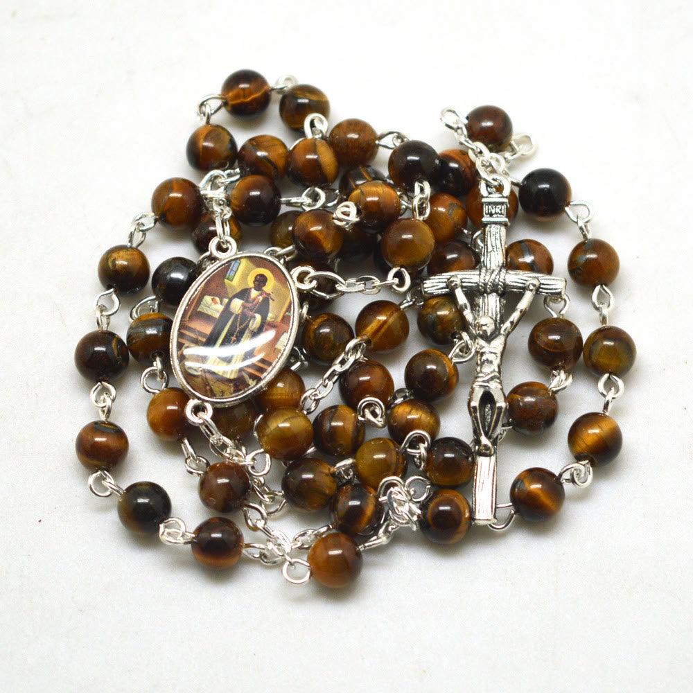 Christianartworkshop San Martin & Crucifix of 6 mm Round Brown Tiger Eye Stone Alloy Chain Rosary - image 3
