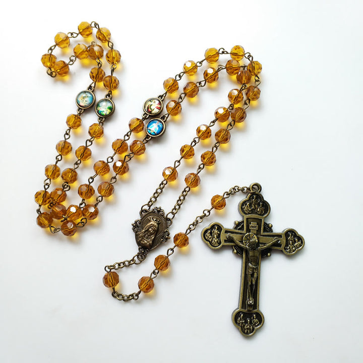 Christianartworkshop Virgin Mary & Crucifix of 8 mm Polyhedron Yellow Glass Alloy Chain Rosary - image 3