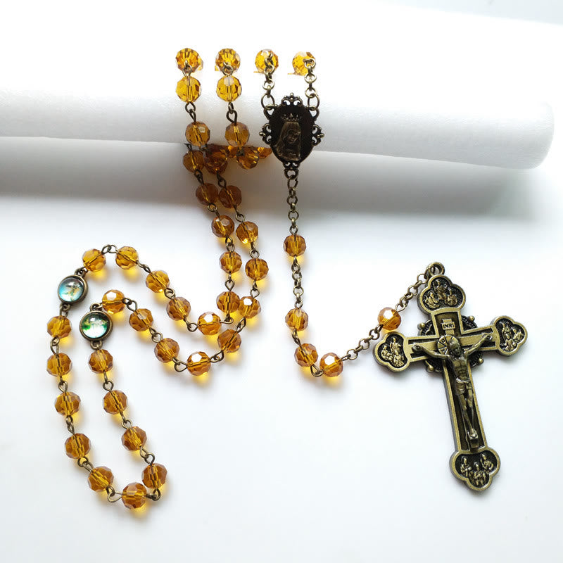 Christianartworkshop Virgin Mary & Crucifix of 8 mm Polyhedron Yellow Glass Alloy Chain Rosary - image 4