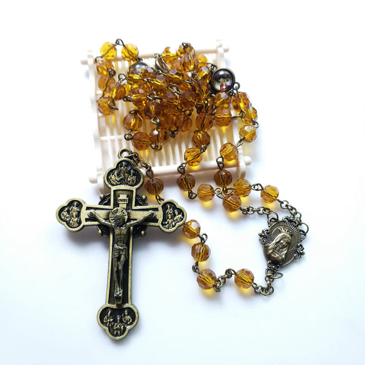 Christianartworkshop Virgin Mary & Crucifix of 8 mm Polyhedron Yellow Glass Alloy Chain Rosary - image 5