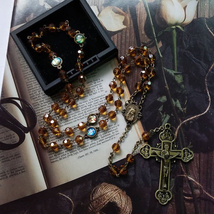 Christianartworkshop Virgin Mary & Crucifix of 8 mm Polyhedron Yellow Glass Alloy Chain Rosary - image 2