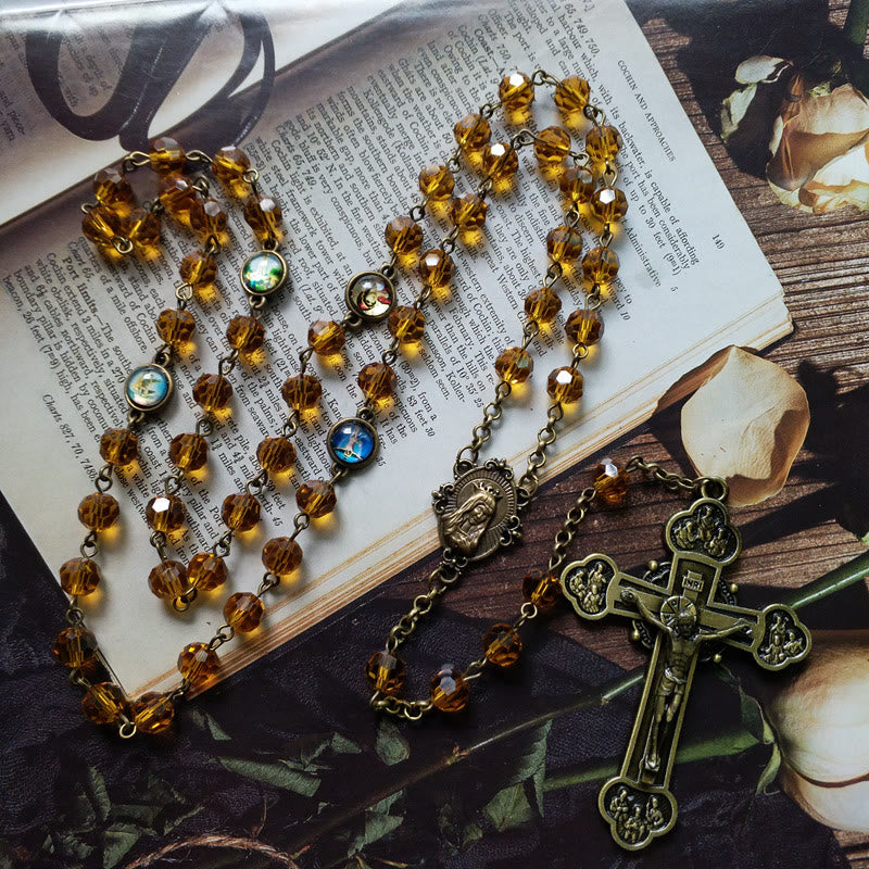 Christianartworkshop Virgin Mary & Crucifix of 8 mm Polyhedron Yellow Glass Alloy Chain Rosary - Virgin Mary & Crucifix - image 1