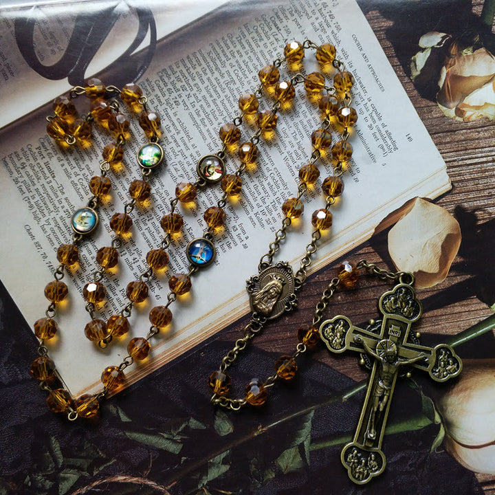 Christianartworkshop Virgin Mary & Crucifix of 8 mm Polyhedron Yellow Glass Alloy Chain Rosary - Virgin Mary & Crucifix - image 1