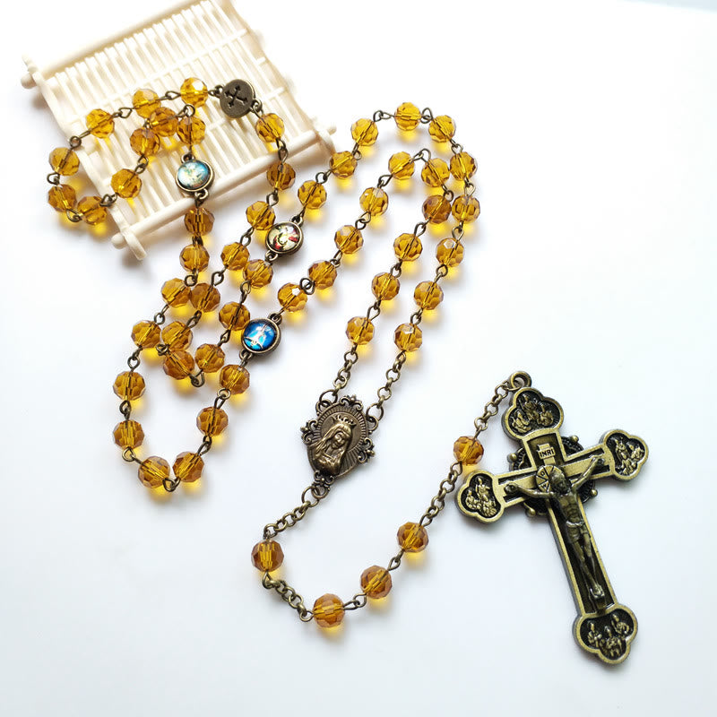 Christianartworkshop Virgin Mary & Crucifix of 8 mm Polyhedron Yellow Glass Alloy Chain Rosary - image 4