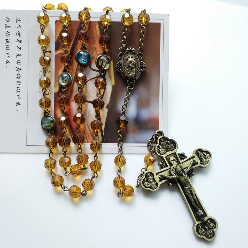Christianartworkshop Virgin Mary & Crucifix of 8 mm Polyhedron Yellow Glass Alloy Chain Rosary - image 7