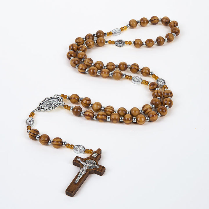Christianartworkshop Miraculous Medal & Crucifix of 8 mm Round Brown Wood Nylon Cord Rosary - image 6