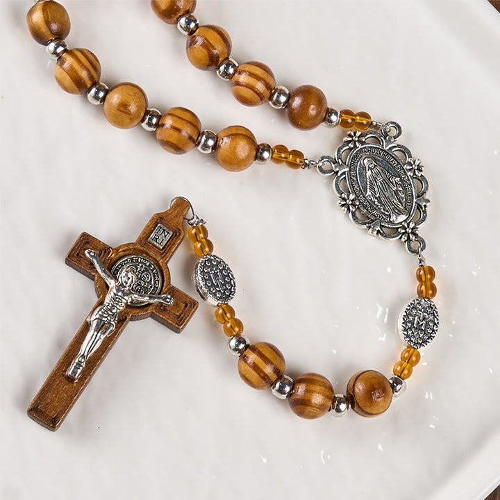 Christianartworkshop Miraculous Medal & Crucifix of 8 mm Round Brown Wood Nylon Cord Rosary - image 4