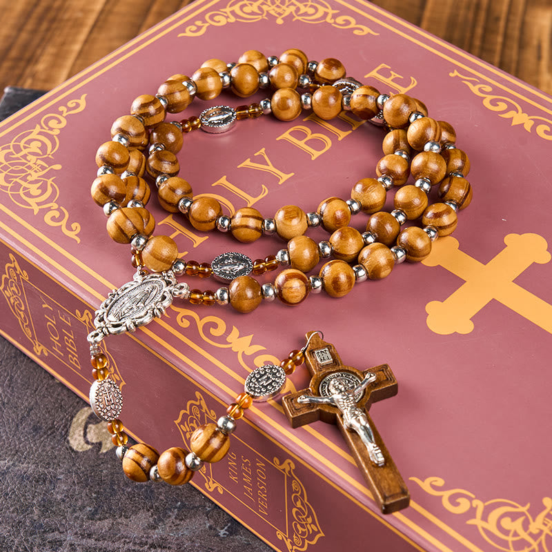 Christianartworkshop Miraculous Medal & Crucifix of 8 mm Round Brown Wood Nylon Cord Rosary - Wood - image 1