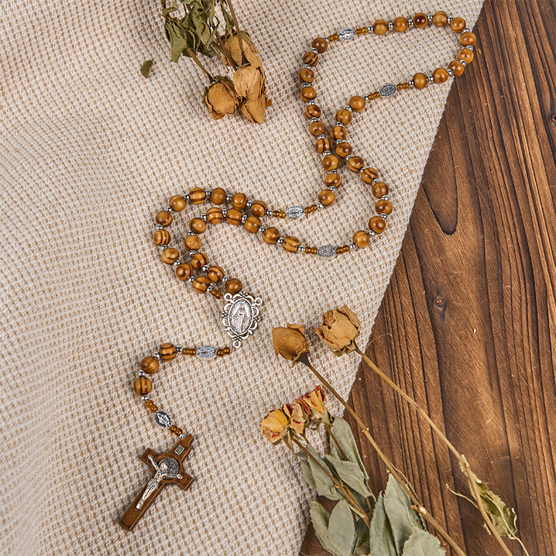 Christianartworkshop Miraculous Medal & Crucifix of 8 mm Round Brown Wood Nylon Cord Rosary - image 3