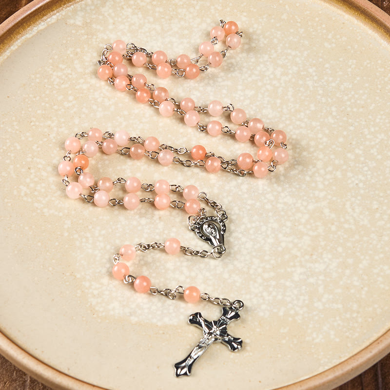 Christianartworkshop Our Lady of Rosary & Crucifix of 6 mm Round Pink Agate Alloy Chain Rosary - Pink - image 1