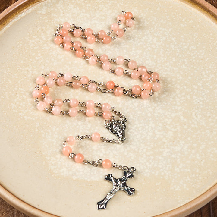 Christianartworkshop Our Lady of Rosary & Crucifix of 6 mm Round Pink Agate Alloy Chain Rosary - Pink - image 1