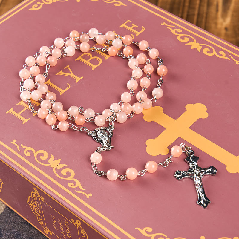 Christianartworkshop Our Lady of Rosary & Crucifix of 6 mm Round Pink Agate Alloy Chain Rosary - image 2