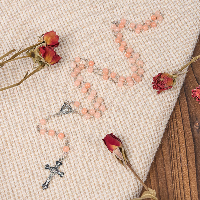 Christianartworkshop Our Lady of Rosary & Crucifix of 6 mm Round Pink Agate Alloy Chain Rosary - image 3