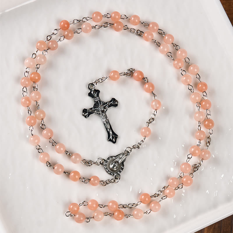 Christianartworkshop Our Lady of Rosary & Crucifix of 6 mm Round Pink Agate Alloy Chain Rosary - image 4