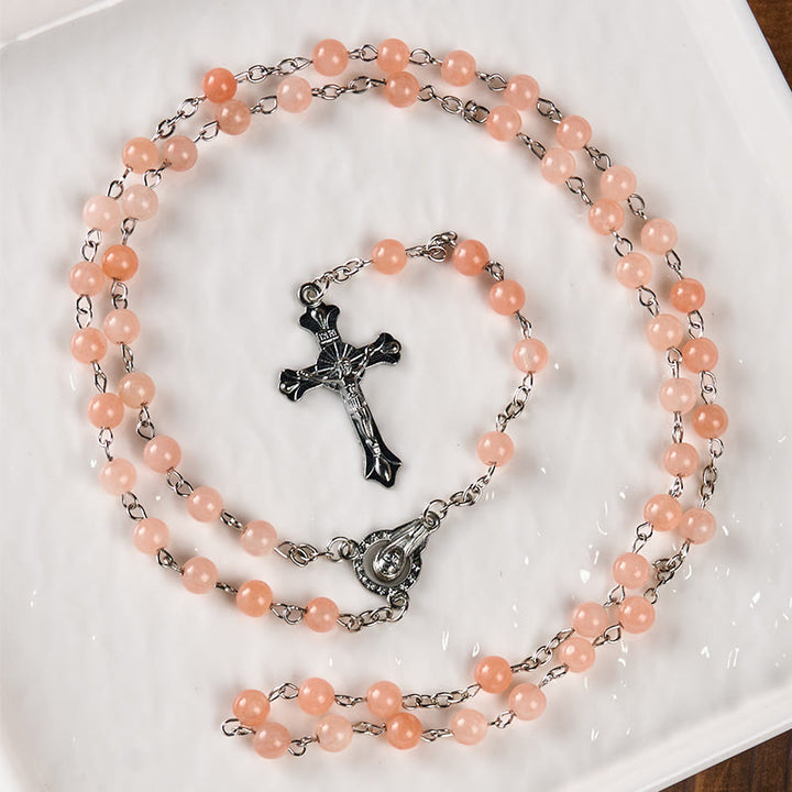 Christianartworkshop Our Lady of Rosary & Crucifix of 6 mm Round Pink Agate Alloy Chain Rosary - image 4