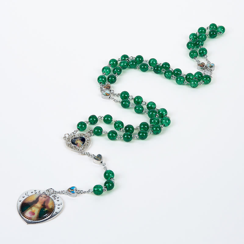 Christianartworkshop Jesus Mary Double-Sided Medal & Sacred Heart of Our Lady of 8mm Round Green Glass Alloy Chain Rosary - image 5