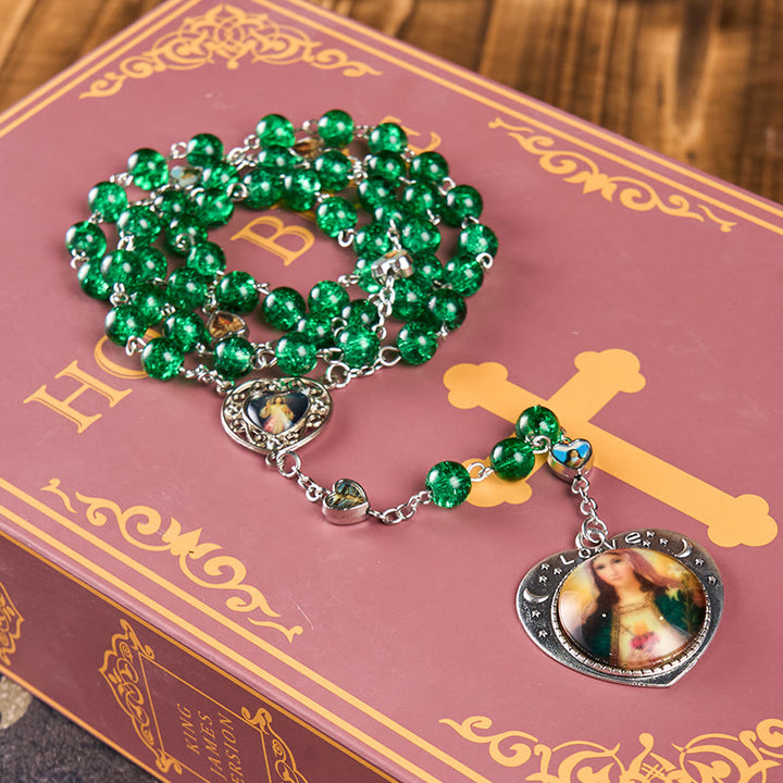 Christianartworkshop Jesus Mary Double-Sided Medal & Sacred Heart of Our Lady of 8mm Round Green Glass Alloy Chain Rosary - image 4