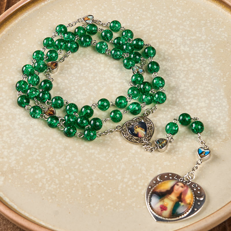 Christianartworkshop Jesus Mary Double-Sided Medal & Sacred Heart of Our Lady of 8mm Round Green Glass Alloy Chain Rosary - image 2