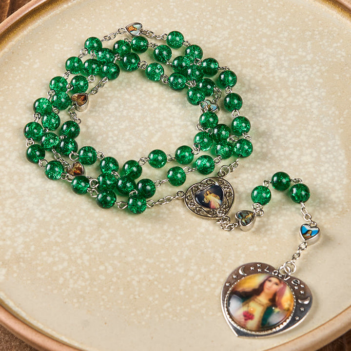 Christianartworkshop Jesus Mary Double-Sided Medal & Sacred Heart of Our Lady of 8mm Round Green Glass Alloy Chain Rosary - image 2