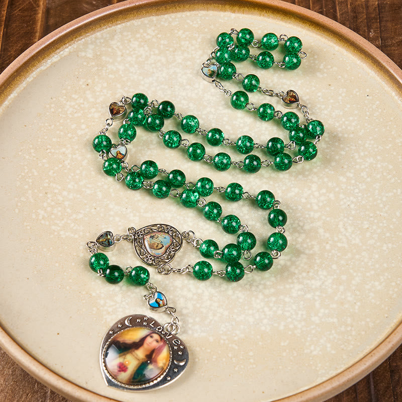 Christianartworkshop Jesus Mary Double-Sided Medal & Sacred Heart of Our Lady of 8mm Round Green Glass Alloy Chain Rosary - Green - image 1