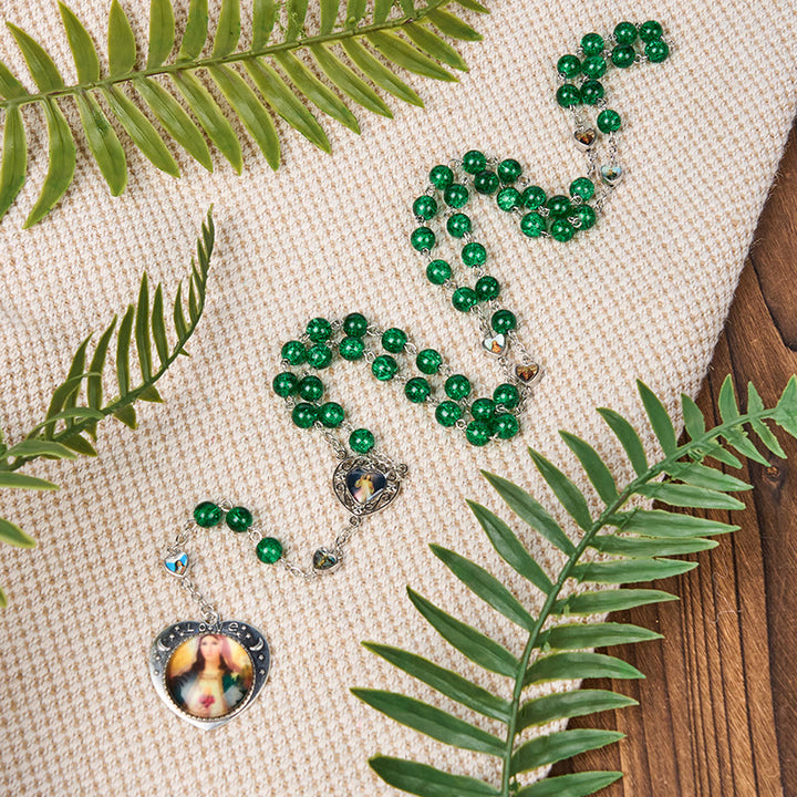 Christianartworkshop Jesus Mary Double-Sided Medal & Sacred Heart of Our Lady of 8mm Round Green Glass Alloy Chain Rosary - image 3