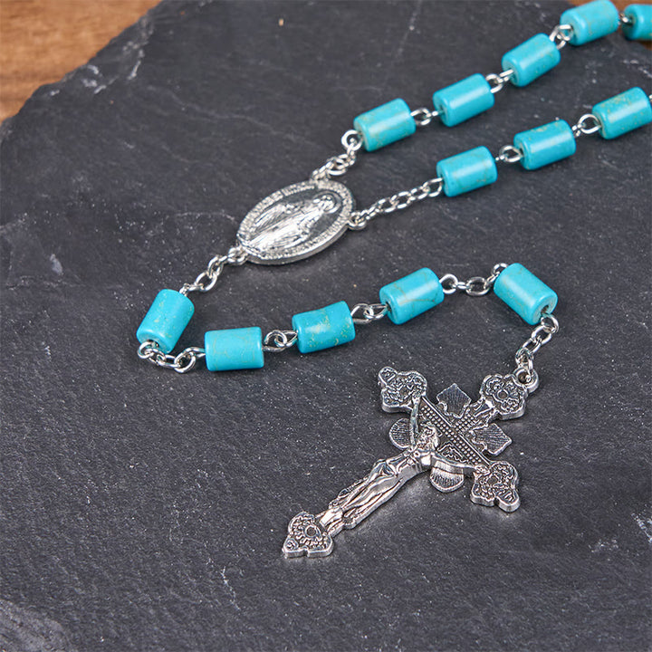 Christianartworkshop 2 Style Irregular Beads Turquoise Alloy Chain Rosary with Our Lady/St. Benedict Medal - image 9