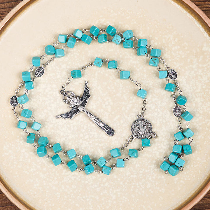 Christianartworkshop 2 Style Irregular Beads Turquoise Alloy Chain Rosary with Our Lady/St. Benedict Medal - image 11