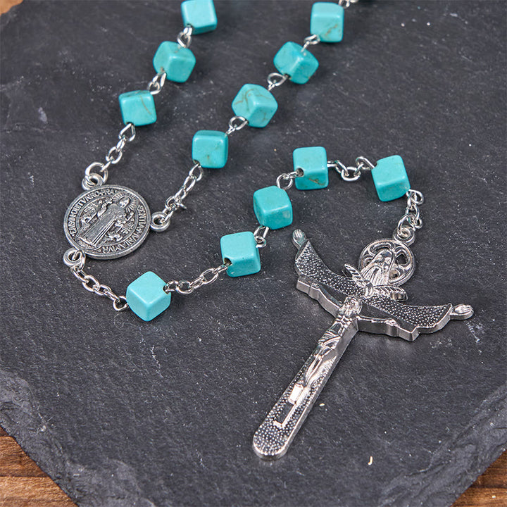Christianartworkshop 2 Style Irregular Beads Turquoise Alloy Chain Rosary with Our Lady/St. Benedict Medal - image 13