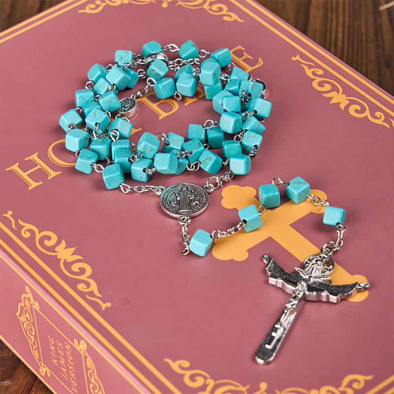 Christianartworkshop 2 Style Irregular Beads Turquoise Alloy Chain Rosary with Our Lady/St. Benedict Medal - image 6