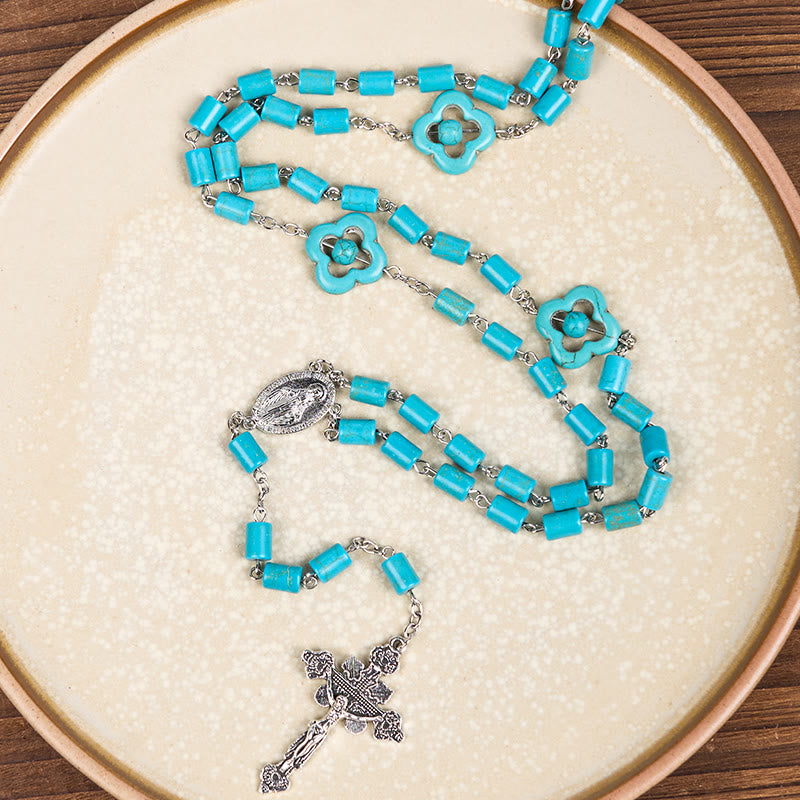 Christianartworkshop 2 Style Irregular Beads Turquoise Alloy Chain Rosary with Our Lady/St. Benedict Medal - image 3