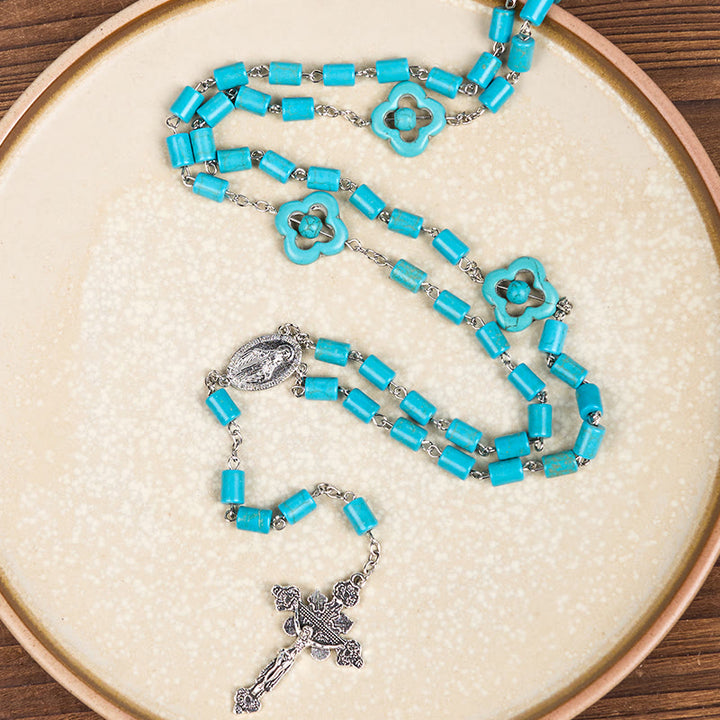 Christianartworkshop 2 Style Irregular Beads Turquoise Alloy Chain Rosary with Our Lady/St. Benedict Medal - image 3