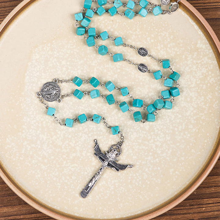 Christianartworkshop 2 Style Irregular Beads Turquoise Alloy Chain Rosary with Our Lady/St. Benedict Medal - image 4