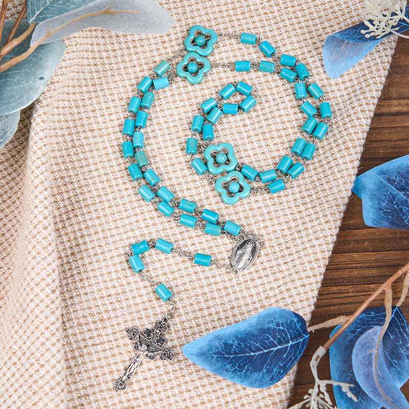Christianartworkshop 2 Style Irregular Beads Turquoise Alloy Chain Rosary with Our Lady/St. Benedict Medal - Style-1 - image 1