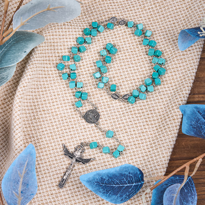 Christianartworkshop 2 Style Irregular Beads Turquoise Alloy Chain Rosary with Our Lady/St. Benedict Medal - image 14