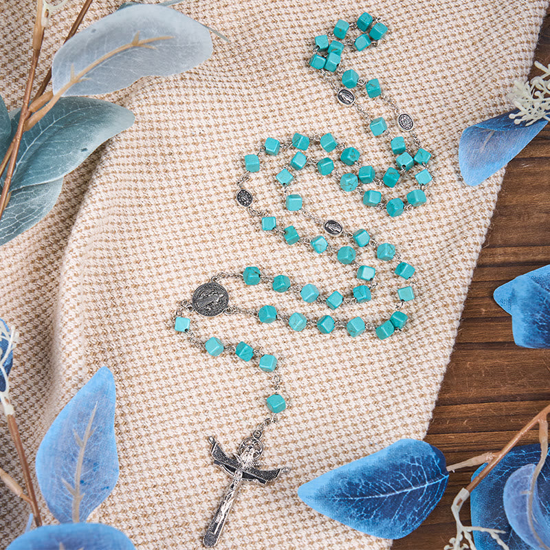 Christianartworkshop 2 Style Irregular Beads Turquoise Alloy Chain Rosary with Our Lady/St. Benedict Medal - Style-2 - image 2