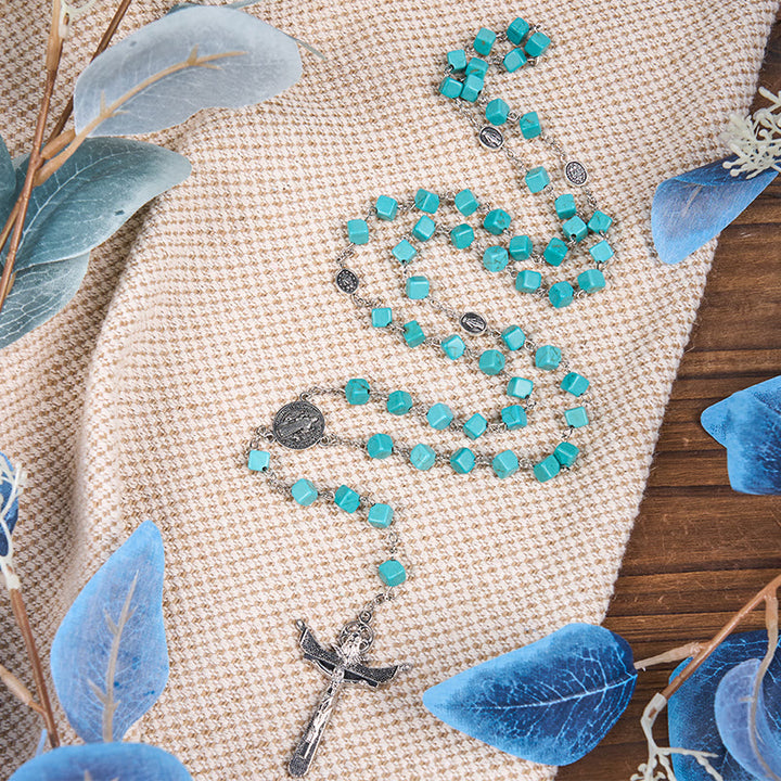 Christianartworkshop 2 Style Irregular Beads Turquoise Alloy Chain Rosary with Our Lady/St. Benedict Medal - Style-2 - image 2