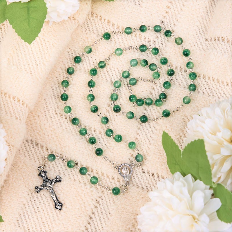 Christianartworkshop Our Lady of Rosary & Crucifix of 6mm Round Green Agate Alloy Chain Rosary - image 5
