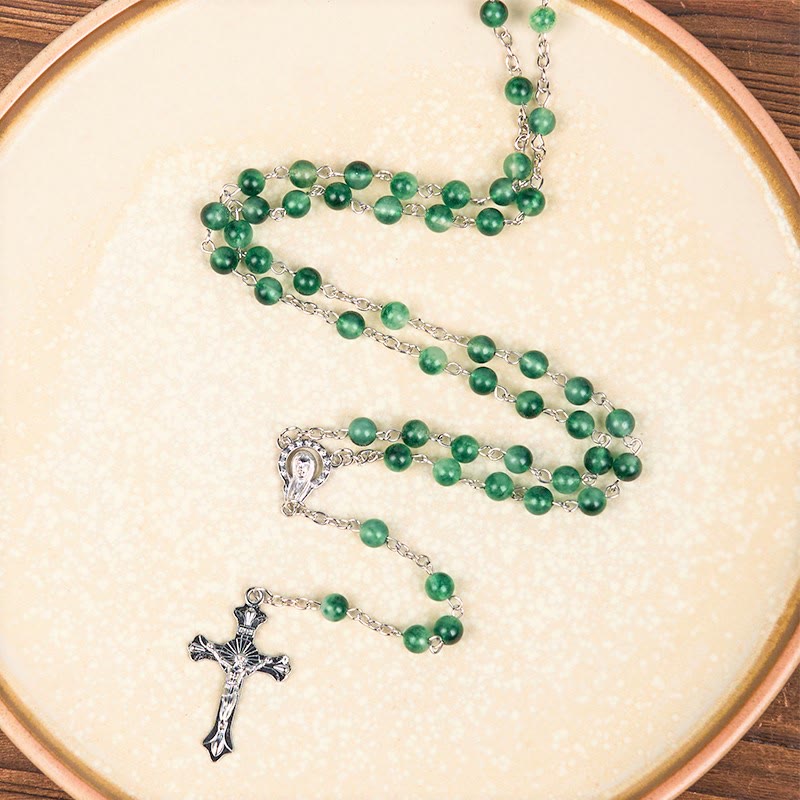 Christianartworkshop Our Lady of Rosary & Crucifix of 6mm Round Green Agate Alloy Chain Rosary - Green - image 1