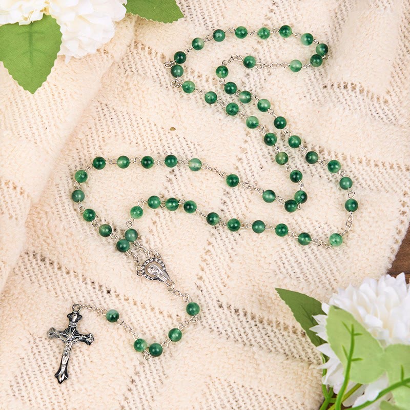 Christianartworkshop Our Lady of Rosary & Crucifix of 6mm Round Green Agate Alloy Chain Rosary - image 2