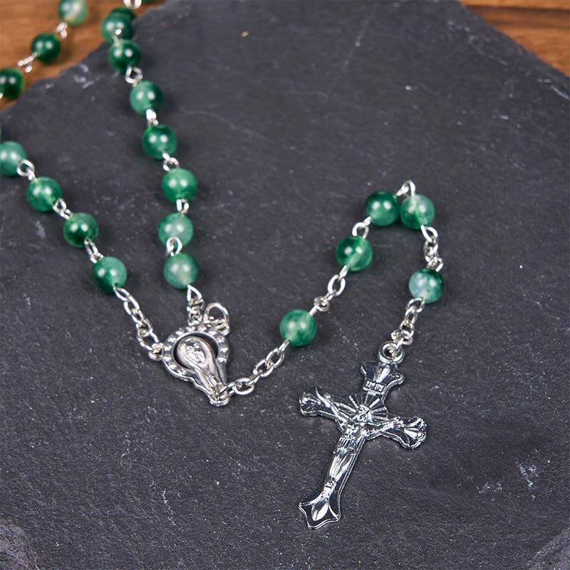 Christianartworkshop Our Lady of Rosary & Crucifix of 6mm Round Green Agate Alloy Chain Rosary - image 6