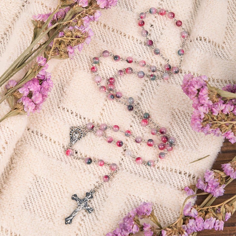 Christianartworkshop Our Lady of Rosary & Crucifix of 6mm Round Multi-pink Agate Alloy Chain Rosary - image 2