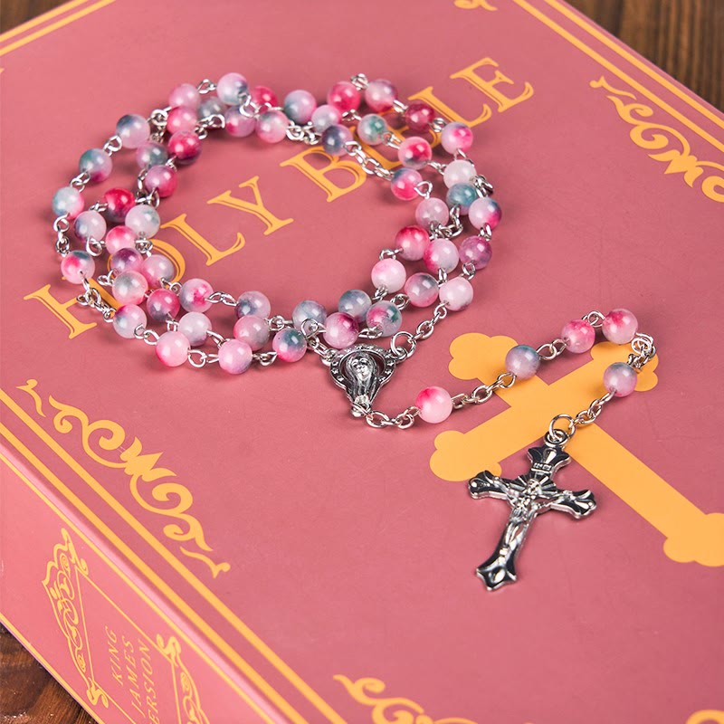 Christianartworkshop Our Lady of Rosary & Crucifix of 6mm Round Multi-pink Agate Alloy Chain Rosary - image 3