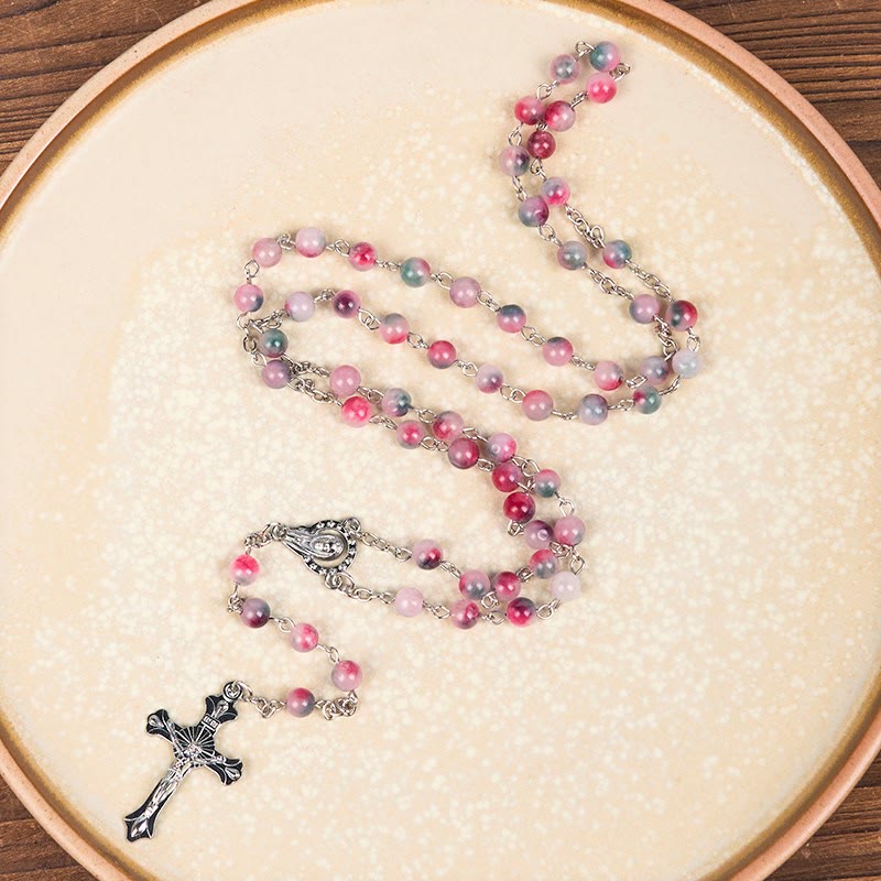 Christianartworkshop Our Lady of Rosary & Crucifix of 6mm Round Multi-pink Agate Alloy Chain Rosary - image 4