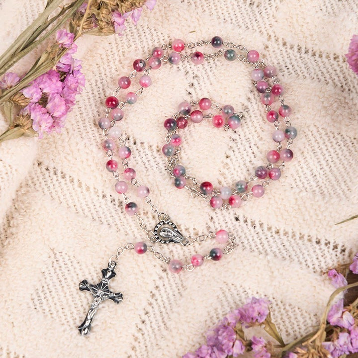 Christianartworkshop Our Lady of Rosary & Crucifix of 6mm Round Multi-pink Agate Alloy Chain Rosary - Pink - image 1